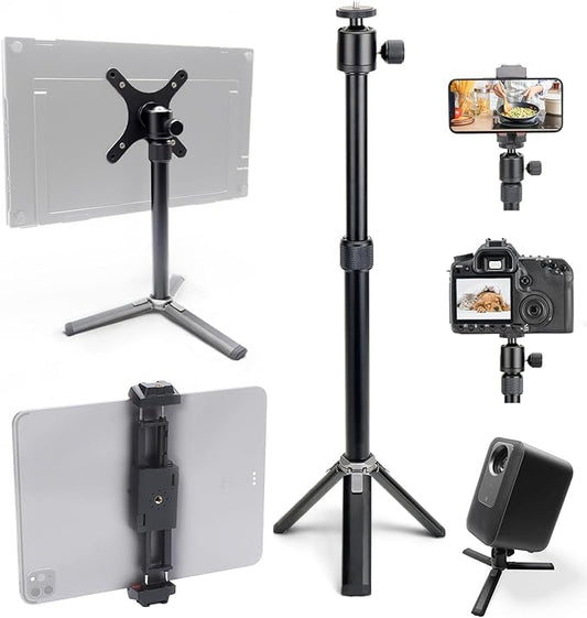 Kado Metal Portable Monitor Stand Tripod, 100x100mm 75x75mm Wall/Arm Mount Adapater Bracket Plate, 360° Ball Head and 1/4" Screw Compact for Phone, Tablet, Projector, Camera and Webcam