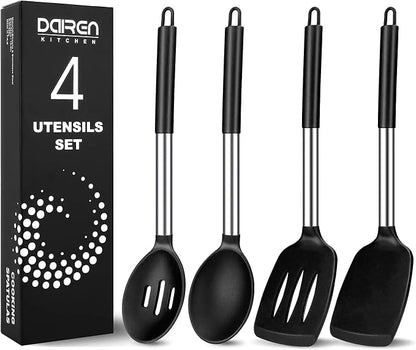 Pack of 4 Large Silicone Cooking Spatulas and Spoons, Slotted and Solid by DaiRenKitchen