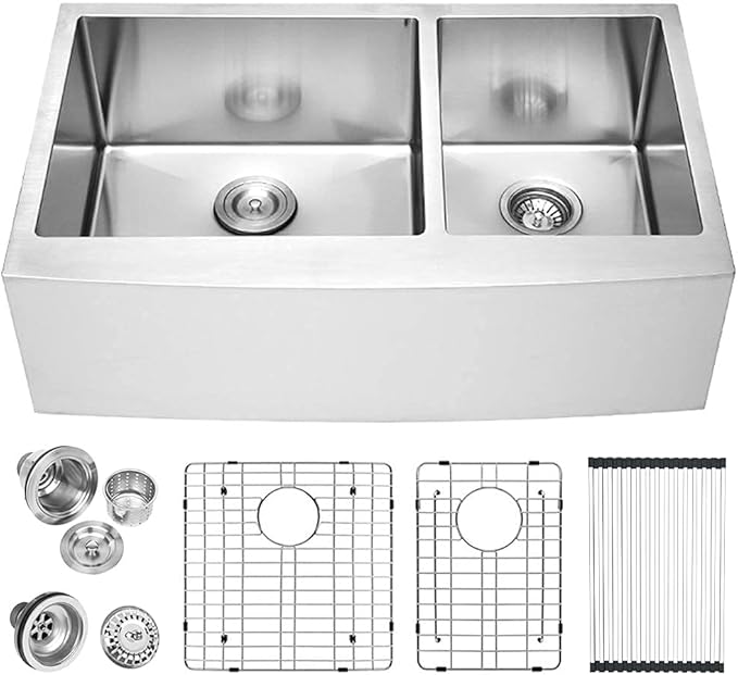 Lordear 36 Inch Double Bowl Farmhouse Kitchen Sink 36"x20-3/4"x10" Double Basin Undermount Farmhouse Kitchen Sinks 60/40 Apron Front 16 Gauge Farm Sinks