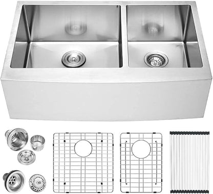 Lordear 36 Inch Double Bowl Farmhouse Kitchen Sink 36"x20-3/4"x10" Double Basin Undermount Farmhouse Kitchen Sinks 60/40 Apron Front 16 Gauge Farm Sinks
