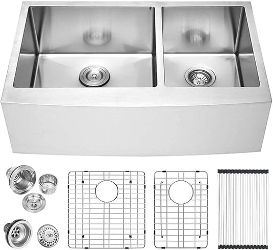 Lordear 36 Inch Double Bowl Farmhouse Kitchen Sink 36"x20-3/4"x10" Double Basin Undermount Farmhouse Kitchen Sinks 60/40 Apron Front 16 Gauge Farm Sinks