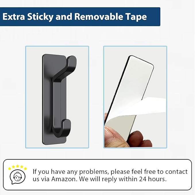 Wall Hooks for Coat and Towel: 13LB Adhesive Door Hanger Stick on, Black 6 Pack