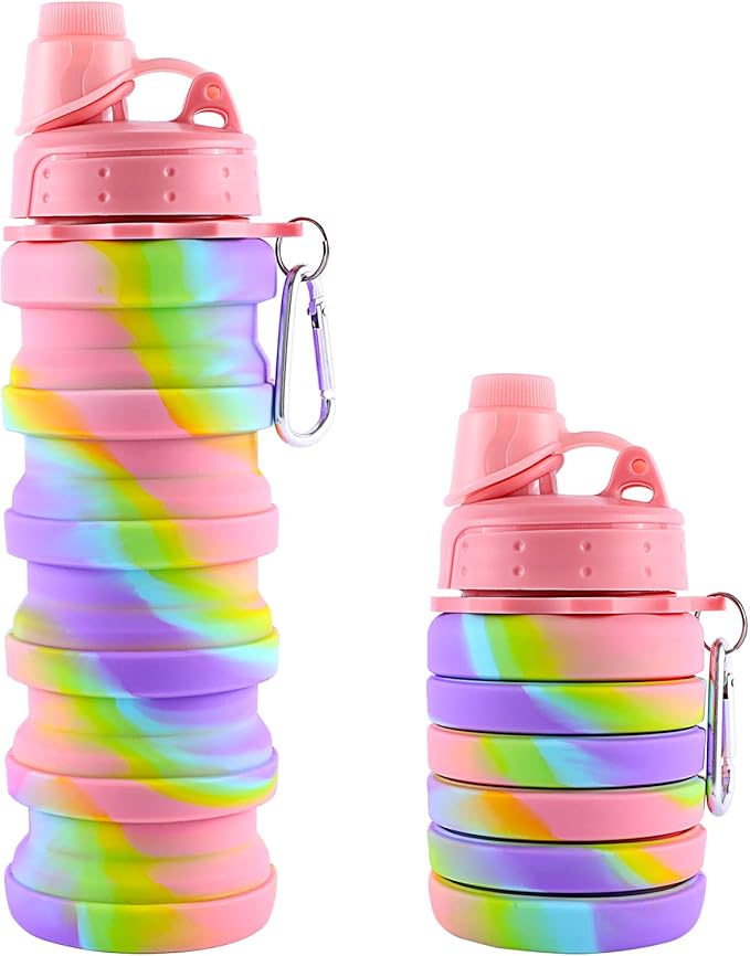 Collapsible Water Bottles for Travel, Foldable Sports Water Bottle for Kids, Reusable Water-proof Silicone Water Bottles with mountaineering Buckle for Camping Hiking Holiday