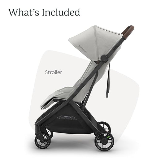 UPPAbaby Minu V3 Travel Stroller | Lightweight + Compact Design | One-Hand Fold + Unfold | from Birth + Overhead Compatible | Savannah (Pearl Gray Mélange/Carbon Frame/Chestnut Leather)