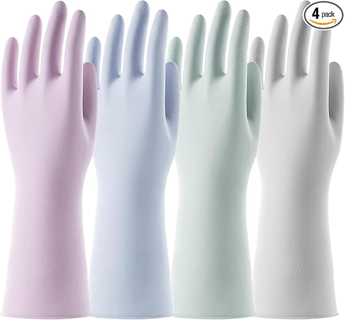 Rubber Cleaning Dishwashing Gloves 4 Pairs Reusable Kitchen Glove for Washing Dishes & Household Bathroom Cleaning Dish Gloves with Flock Lining Anti-Slip Grip Waterproof Thick Long-lasting Colorful M