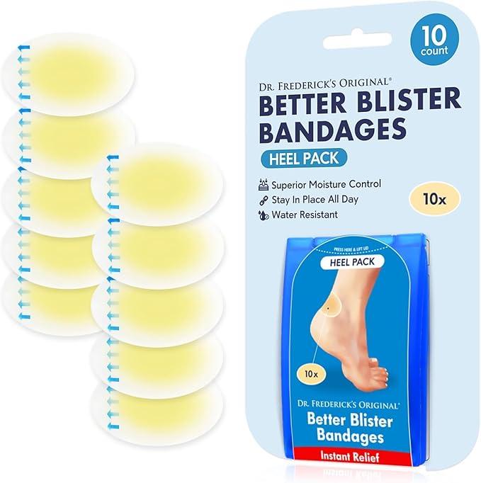 Dr. Frederick's Original Better Blister Bandages - 10 ct - Water-Resistant - 40% More Cushioning - Hydrocolloid Pads for Foot & Heel Protection & Recovery - Blister Relief Pads - Heel Pack