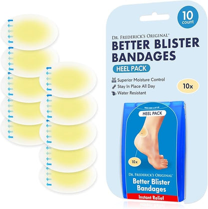 Dr. Frederick's Original Better Blister Bandages - 10 ct - Water-Resistant - 40% More Cushioning - Hydrocolloid Pads for Foot & Heel Protection & Recovery - Blister Relief Pads - Heel Pack
