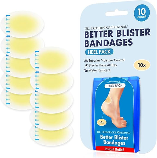 Dr. Frederick's Original Better Blister Bandages - 10 ct - Water-Resistant - 40% More Cushioning - Hydrocolloid Pads for Foot & Heel Protection & Recovery - Blister Relief Pads - Heel Pack