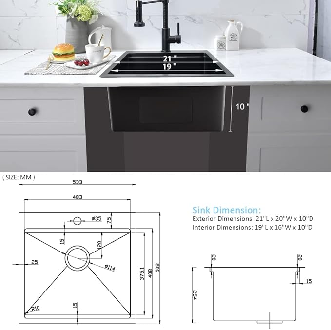 21 Inch Drop In Bar Sink- Bokaiya 21x20 Black Stainless Steel Drop In Wet Bar Outdoor RV Sink Topmount 16 Gauge Single Bowl Kitchen Sinks with Cutting Board