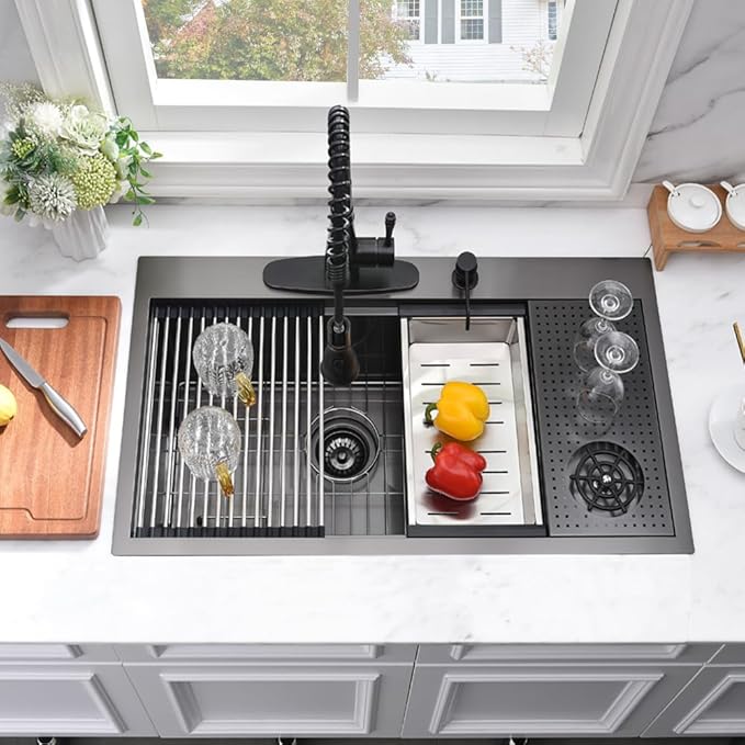 33 Inch Black Drop In Kitchen Sink with Glass Rinser-Bokaiya 33x19 Drop In Sink Stainless Steel Ledge Workstation 16 Gauge Single Bowl Deep Kitchen Sinks with Cup Washer