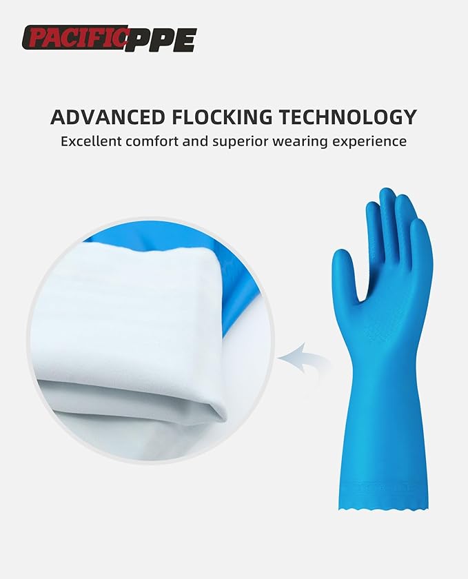 PACIFIC Cleaning Gloves with Latex free, Dishwashing Kitchen Gloves with Cotton Flocked Liner, Reusable, Non-Slip, Water Resistant Household Gloves, Blue, Medium