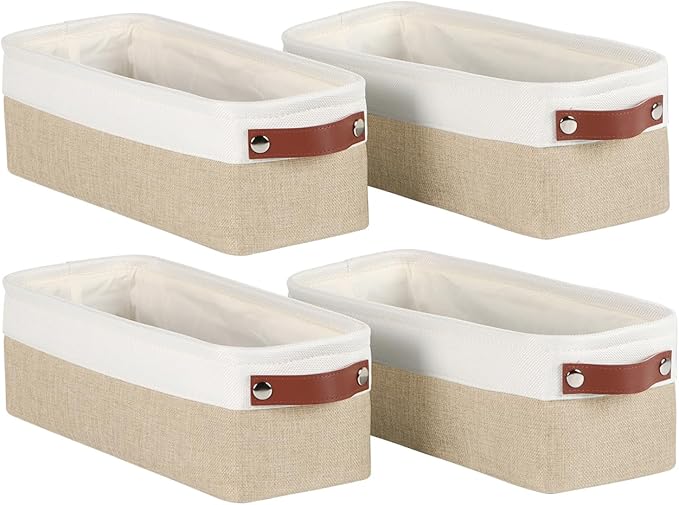 Univivi 4PC Long Narrow Storage Baskets, Small Fabric Storage Bins with PU Handles for Closet,Cabinet,Countertop Organizing Small Items(Khaki-15x6x5 inch)