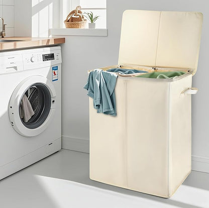 Voova 154L Double Laundry Hamper with Lid and 2 Removable Laundry Bags, Large Collapsible 2 Dividers Dirty Clothes Basket with Handles for Laundry Room, Bedroom, Bathroom, College Dorm, Beige