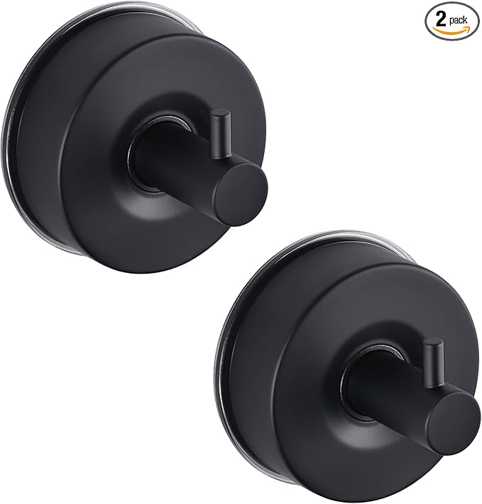 JOMOLA Stainless Steel Bathroom Suction Hooks - No Drill Adhesive-Free Wall Mount for Shower, Towel & Robe, Rustproof Metal Hardware with Damage-Free Grip, Matte Black (2-Pack)