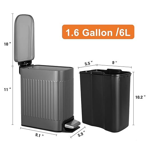 TrashAid Small 1.6 Gallon Stainless Steel Trash Can with Removable Inner Bucket, Grey, Hands Free Step Pedal Design
