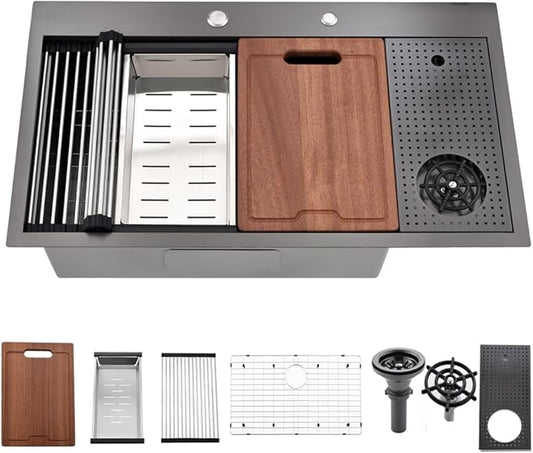 33 Inch Black Drop In Kitchen Sink with Glass Rinser-Bokaiya 33x19 Drop In Sink Stainless Steel Ledge Workstation 16 Gauge Single Bowl Deep Kitchen Sinks with Cup Washer