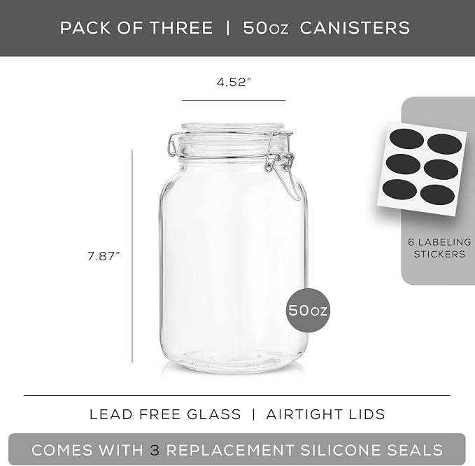Airtight Glass Jars with Lids Set of 3. 50oz Glass Jar with Lid and 6 Silicone - Image 2