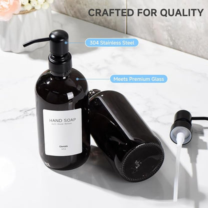 2 Pack Kitchen Soap Dispenser Set - 16oz Black Glass Dish and Hand Soap - Image 3