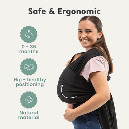 CuddleCarry™ Pre-Wrapped Baby Ring Sling by CuddleBug - Adjustable, Lightweight Baby Carrier Wrap - Ergonomic Front Carry for Newborn to Toddler (0-36m, 8-35 lbs) - Black