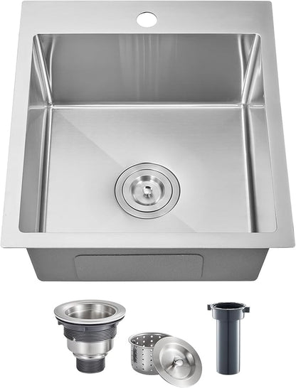 POPFLY 15 Inch Wet Bar Drop In Sink, SUS 304 Stainless Steel Topmount Sinks Handmade Single Bowl 18 Gauge Kitchen Small Outdoor Rv Sink, Brushed Nickel (15×17×8)