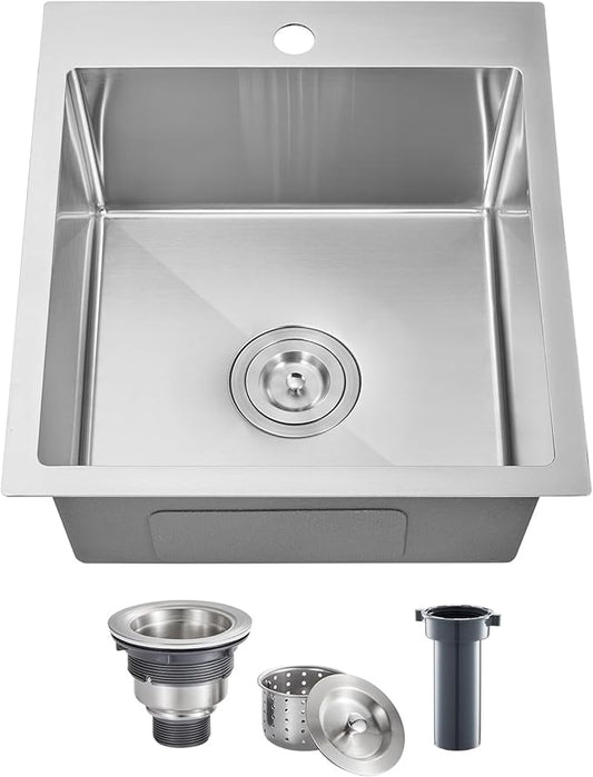 POPFLY 15 Inch Wet Bar Drop In Sink, SUS 304 Stainless Steel Topmount Sinks Handmade Single Bowl 18 Gauge Kitchen Small Outdoor Rv Sink, Brushed Nickel (15×17×8)