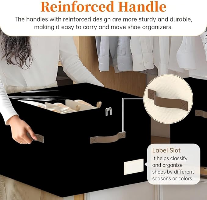 Shoe Organizer for Closet, 2 Pack Foldable Shoe Storage Containers, Fits up to 16-32 Pairs, Shoe Storage Organizer Box Cubby Baskets Bins with Clear Cover and Reinforced Handles, Black