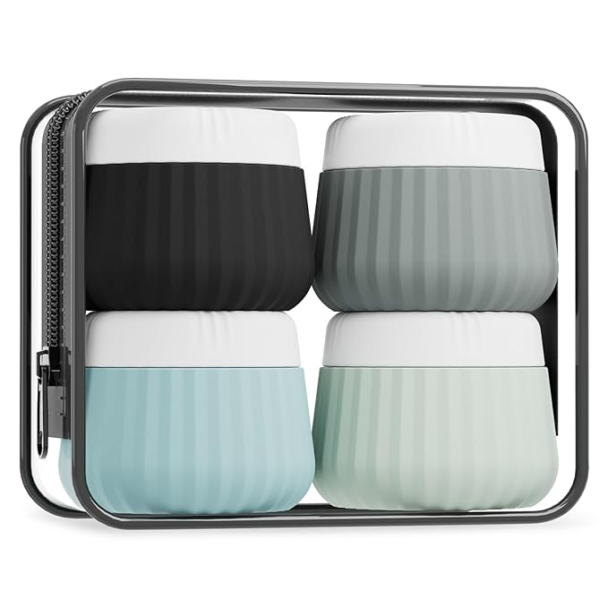 Travel Containers for Toiletries 4 Pack, TSA Approved Travel Size Toiletries, Travel Size Containers, With Clear Bag Leak Proof Silicone Jars, Travel Essentials Creams Jars Carrying Small Items