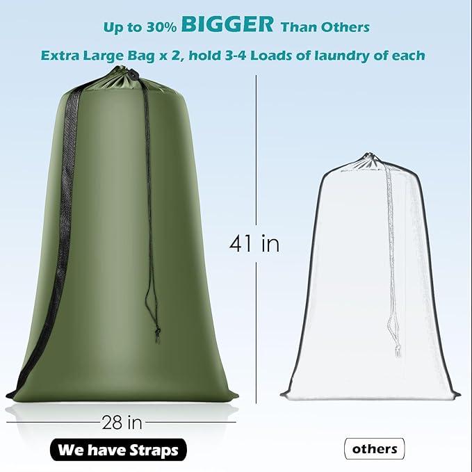 Heavy Duty Laundry Bag 2 Pack XL Nylon Laundry Bags with Straps, Washable Large Dirty Clothes Organizer with Drawstring Closure, Travel Washing Bag Fit a Laundry Hamper or Basket
