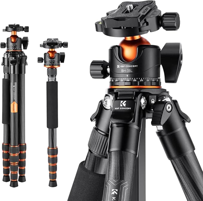 K&F Concept 62" Carbon Fiber Camera Tripod,Portable Compact Tripods with Detachable Monopod,360° Metal Ball Head 33lbs Load Capacity with Quick Release Plate for Travel and Work A255C2+BH-35L