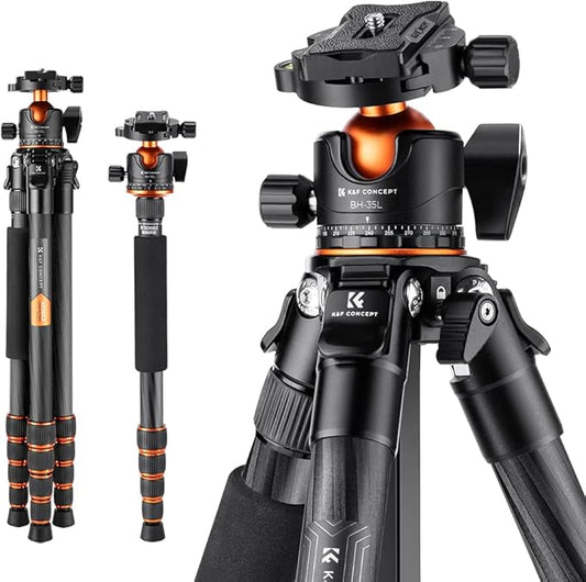 K&F Concept 62" Carbon Fiber Camera Tripod,Portable Compact Tripods with Detachable Monopod,360° Metal Ball Head 33lbs Load Capacity with Quick Release Plate for Travel and Work A255C2+BH-35L