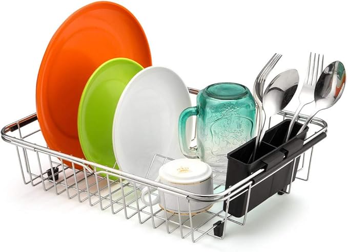 SANNO Expandable Dish Drying Rack Over The Sink Dish Drainer Dish Rack in Sink or On Counter with Utensil Silverware Storage Holder, Rustproof Stainless Steel