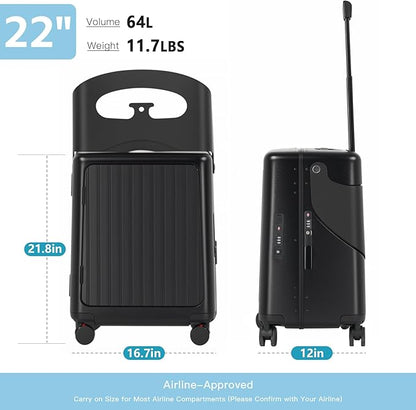 22" Ride On Luggage with Seat for Kids & Adults, Lightweight Hardside Ride-On Suitcase with Front Opening, TSA Lock, 360° Spinner Wheels, Black