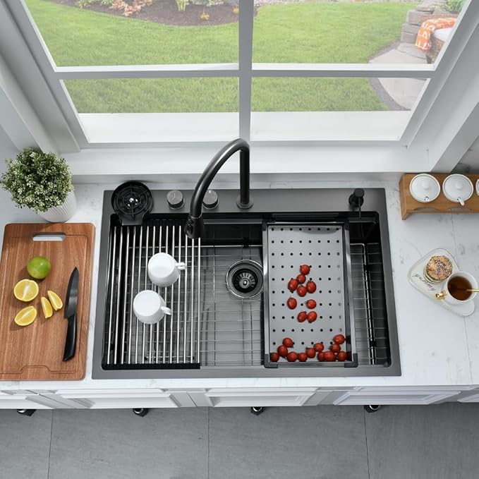 33 Inch Black Waterfall Drop In Kitchen Sink with Fuacet Combo-Bokaiya 33x22 Waterfall Kitchen Sink with Cup Washer Stainess Steel Top Mount 16 Gauge Deep Single Bowl Modern Kitchen Sinks