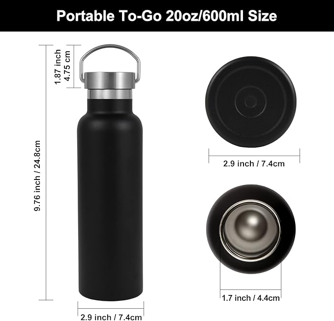 Neihepal 20 oz Insulated Water Bottles Bulk 8 Pack,Stainless Steel Double Wall Sport Bottle with Lid of Handle,Metal Reusable Flask with Cup Cap for School,Hikers,Gift (Black,Set of 8)