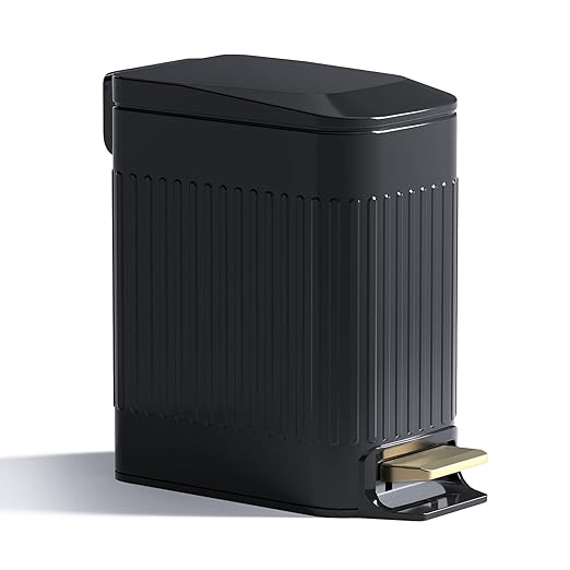 CEROELDA Small Bathroom Trash Can with Lid Soft Close-5L/1.3 Gal Slim Garbage Can-Metal Step Wastebasket-Rectangle Narrow Waste Bin for Office, Bedroom, Toilet, Live Room (Embossed-Black)