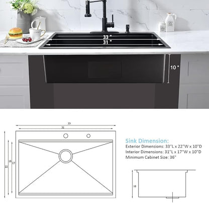 33 Inch Black Drop In Kitchen Sink Workstation-Bokaiya 33x22 Black Stainless Steel Kitchen Sinks Top Mount Ledge Workstation 16 Gauge 10" Deep Single Bowl Kitchen Sink with Cutting Board