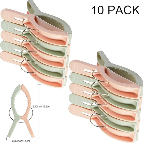 10 Pack Beach Towel Clips for Beach Chairs Jumbo Size Towel Clamps Lounge Pool Chairs on Cruise Chair Plastic Clothes Pegs Hanging Clip Clamps Large Items Cruise Vacation