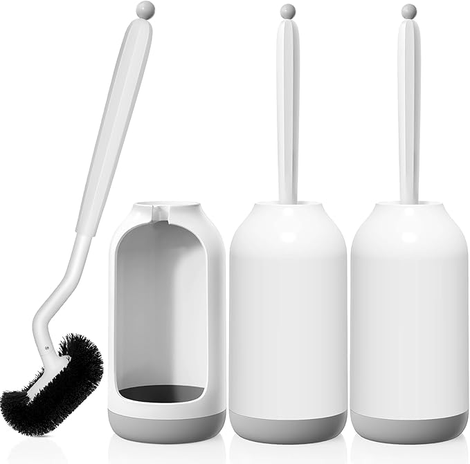 HAMITOR Toilet Bowl Brush Holder Set: 3 Pack Bathroom Deep Cleaning Toilet Cleaner Scrubber Under Rim with Curved Bristle for Dead Corner Clean - Hidden Rv Toilet Decorative Accessories with Caddy
