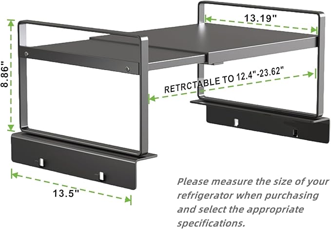 Adjustable Fridge Top Storage Rack,12.4"-23.62" Expandable Organizer Shelf,Refrigerator Storage, Anti-Slip,L-Shaped Design,Space Saver for Kitchen,Laundry,Dorm (Fits Most Appliances)