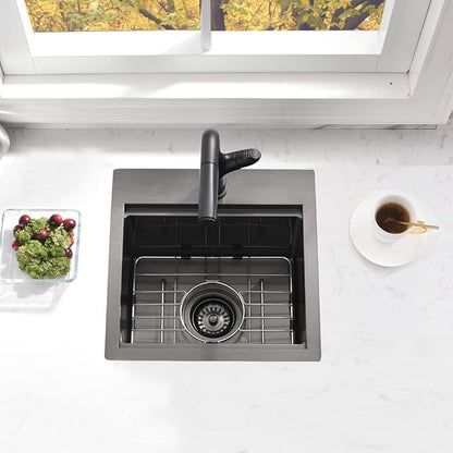 15 Inch Black Bar Sink Drop In Workstation-Bokaiya 15x15 Drop In Bar Sink Small Kitchen Outdoor Rv Sink 16 Gauge Black Stainless Steel Single Bowl Kitchen Sinks with Cutting Board