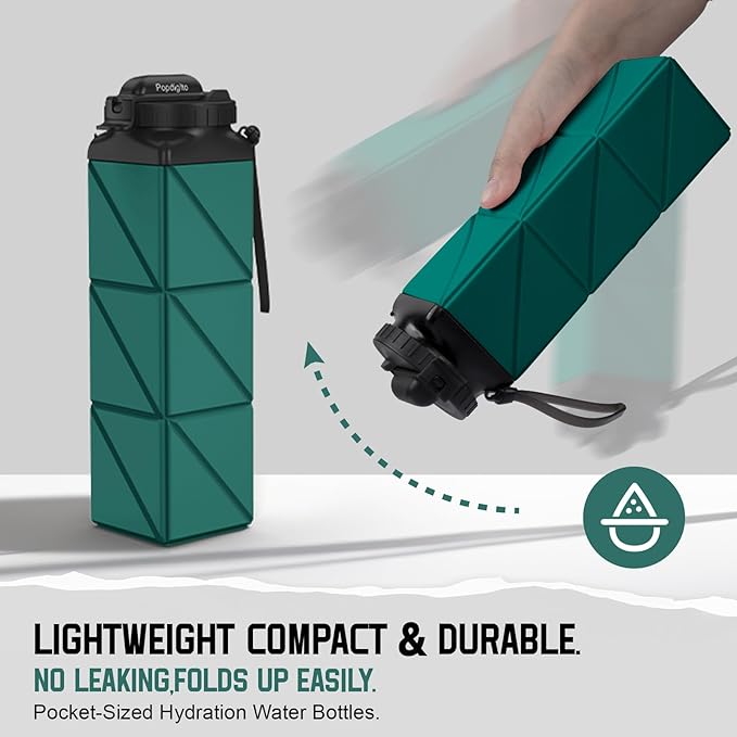Collapsible Water Bottles 20.6oz Foldable Water Bottle BPA Free Reusable Lightweight LeakProof Travel Silicone Water Bottles for Travel Gym Hiking Camping (Upgrade Dark Green)