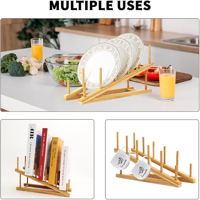 Bamboo Dish Drying Rack Wooden Plate Rack Kitchen Pot Lid Holder Cabinet - Image 4