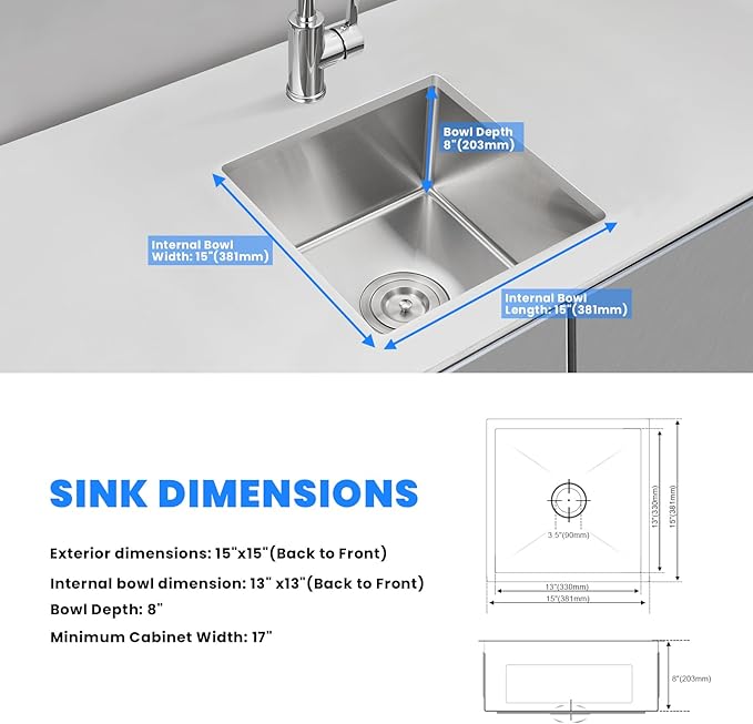 POPFLY 15×15 Inch Undermount Wet Bar Sink, 18 Gauge 304 Stainless Steel Kitchen Sink 15" Small Outdoor Mini Rv Under Counter Sinks, Brushed Nickel