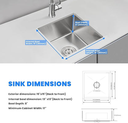 POPFLY 15×15 Inch Undermount Wet Bar Sink, 18 Gauge 304 Stainless Steel Kitchen Sink 15" Small Outdoor Mini Rv Under Counter Sinks, Brushed Nickel