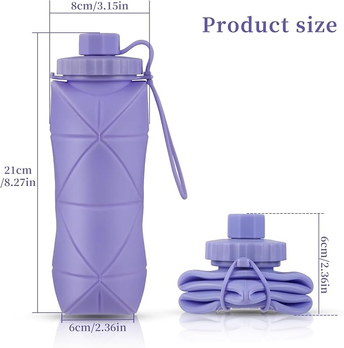 YCT Collapsible Silicone Travel Water Bottle 20oz (600ml), Reuseable Leakproof BPA Free Foldable Sports Bottle, with Carrying Strap, Dark Blue