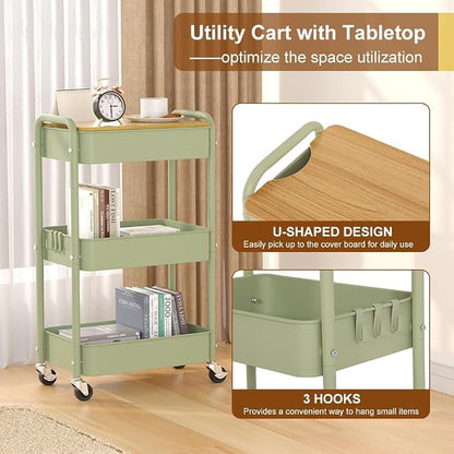 3 Tier Metal Utility Cart, Rolling Storage Cart - Image 3