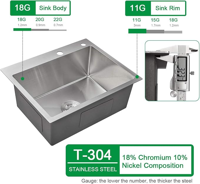 25x18 Inch Kitchen Sink Drop in, Premium T-304 Grade Stainless Steel Sink - Image 3