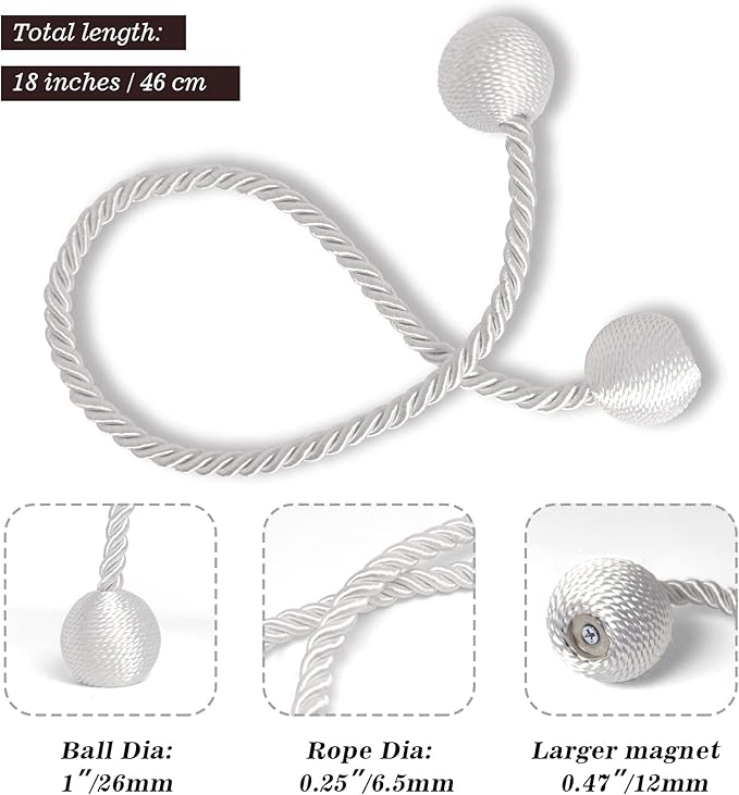 Hion Magnetic Curtain Tiebacks White 6 Pack, Curtain Tiebacks Buckles Holdbacks Holders Hooks Clip for Home Bedroom Office Decorative Thick or Thin Curtain