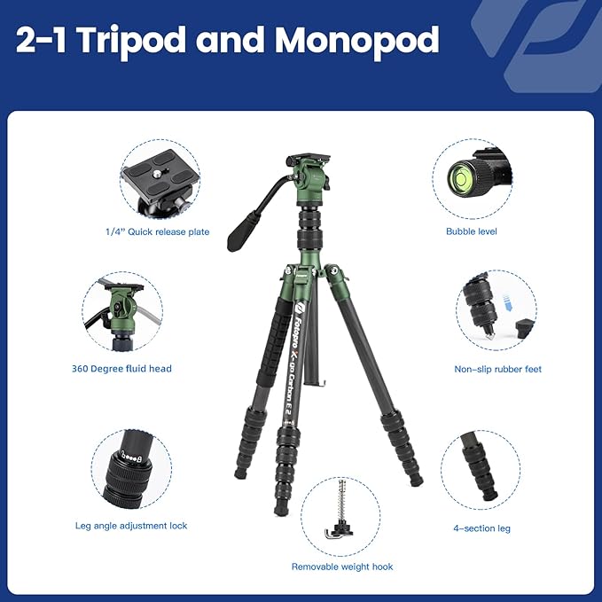 Fotopro 59" Carbon Fiber Travel Tripod, Compact Video Tripods with Fluid Head, Detachable Monopod with Quick Release Plate and Bag, Camera Tripod Load up to 8KG/17.63lbs, Green