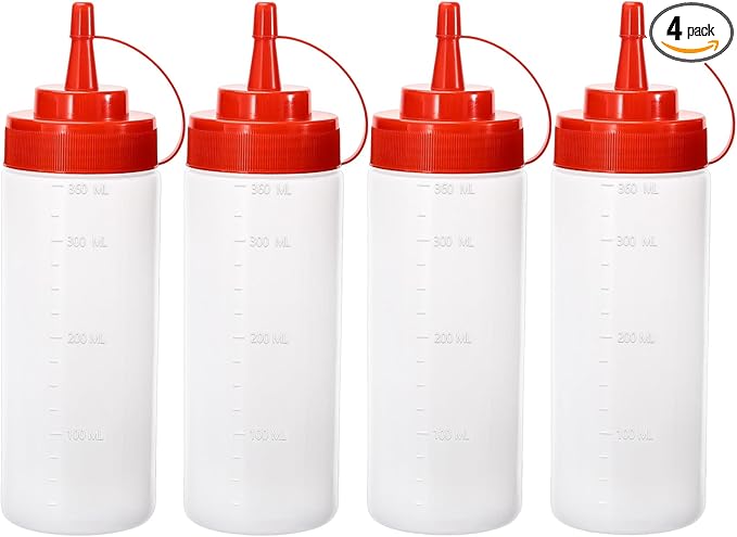 Condiment Squeeze Bottles Ketchup Dispenser, 4 Pack 12oz Squeeze Bottles for Liquids, Plastic Sauce Bottle with Cap Lid, Squirt Bottles for Sauces Liquids BBQ Dressing Pancake Art